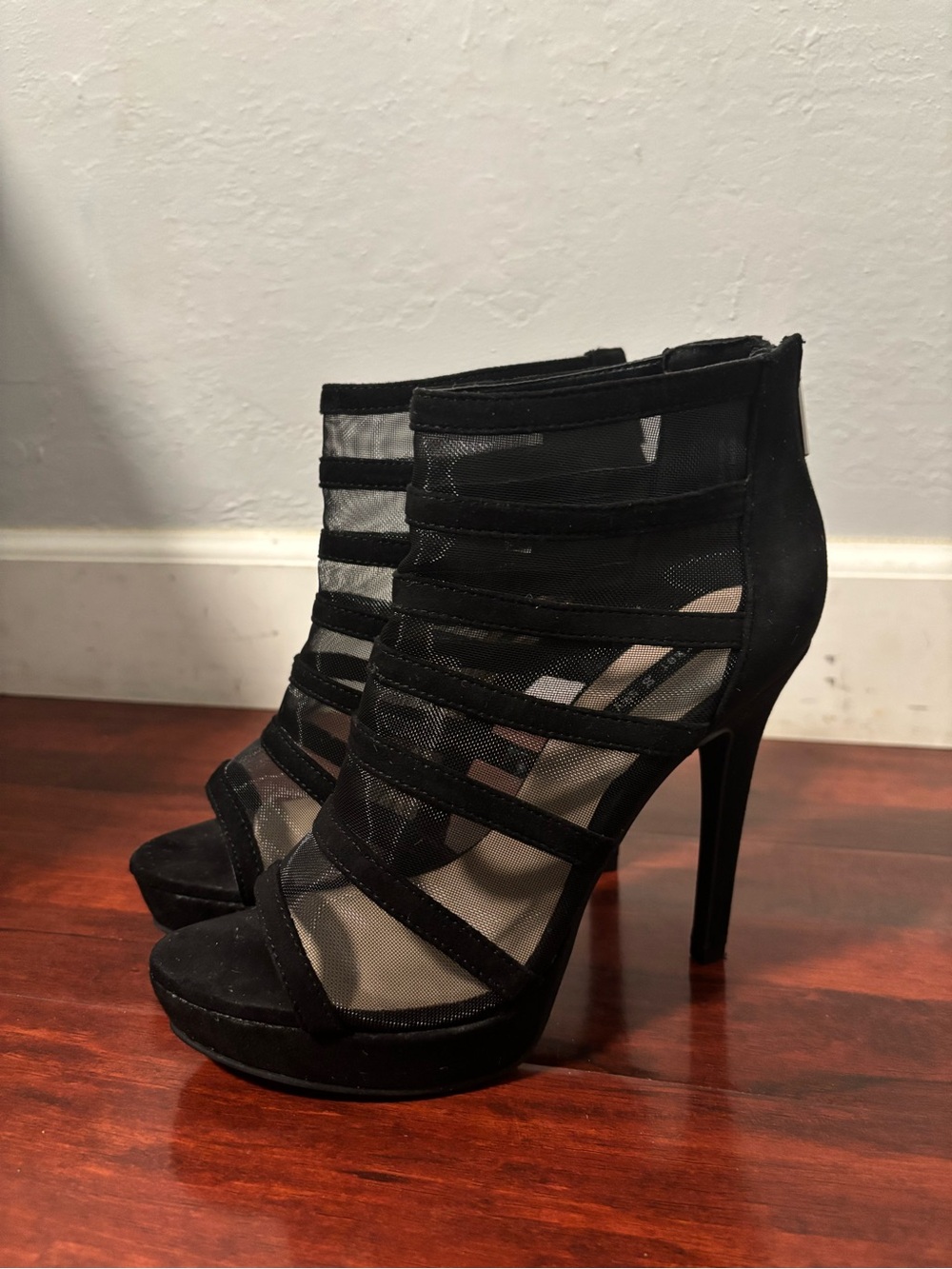 Women’s Black Mesh Strappy High Heel Booties